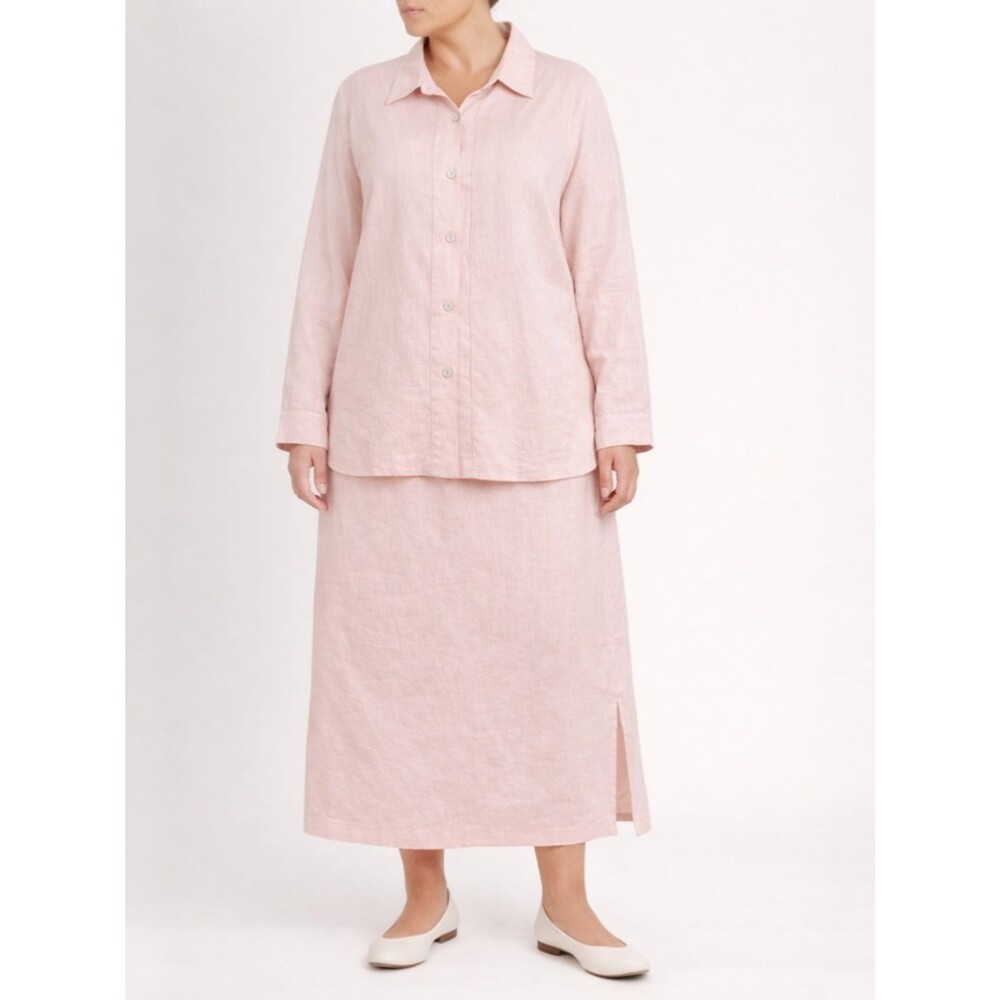 Coldwater Creek Linen Skirt 2-Pc Set Size 2X Pink Button Top Midi Skirt Outfit